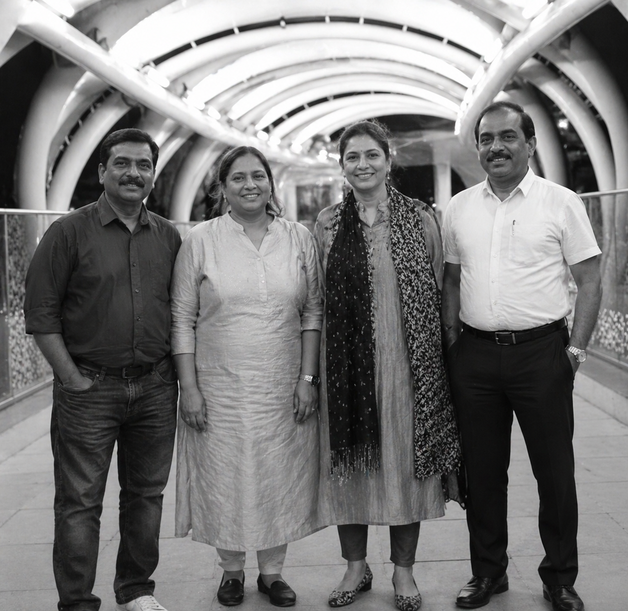 Four adults posing together on a curved, illuminated pedestrian bridge, smiling at the camera.