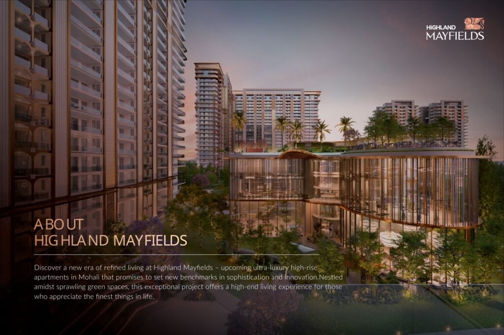 Luxury high-rise residential complex at dusk with glass facades; Highland Mayfields branding in the top-right corner.