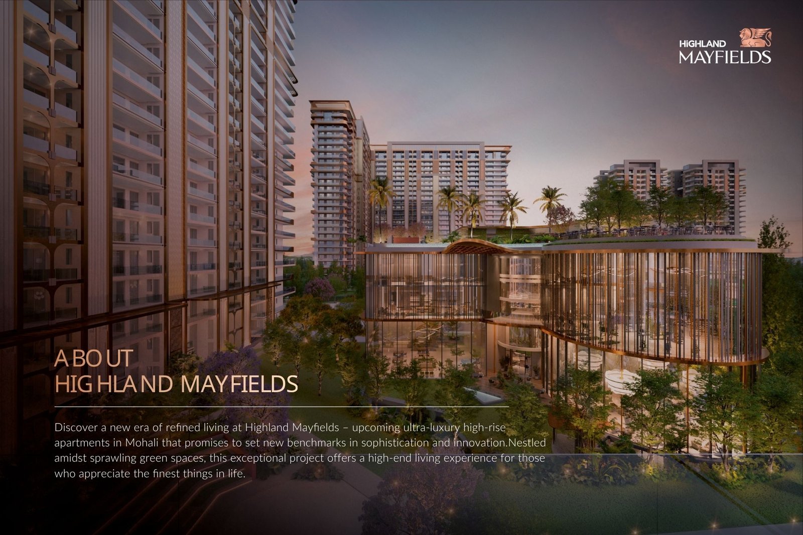 Luxury high-rise residential complex at dusk with glass facades; Highland Mayfields branding in the top-right corner.