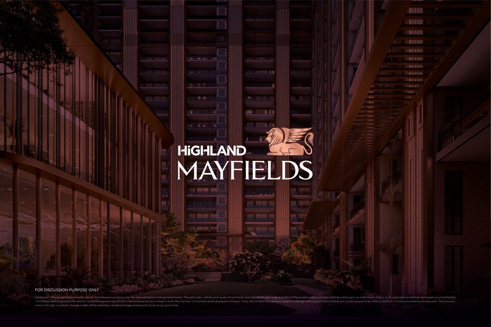 Branding banner for Highland Mayfields over a modern residential complex at dusk with a winged-lion logo