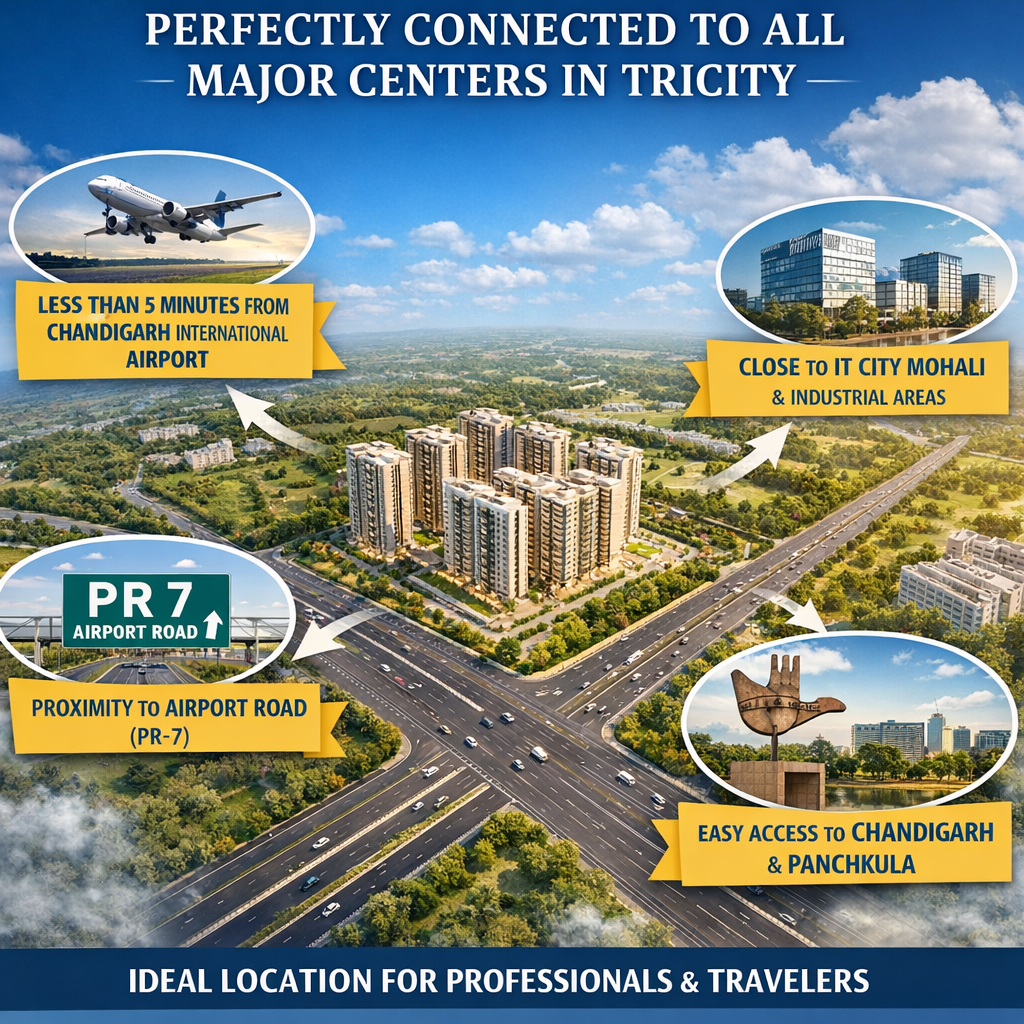 Aerial infographic highlighting a residential complex with banners: near the airport (