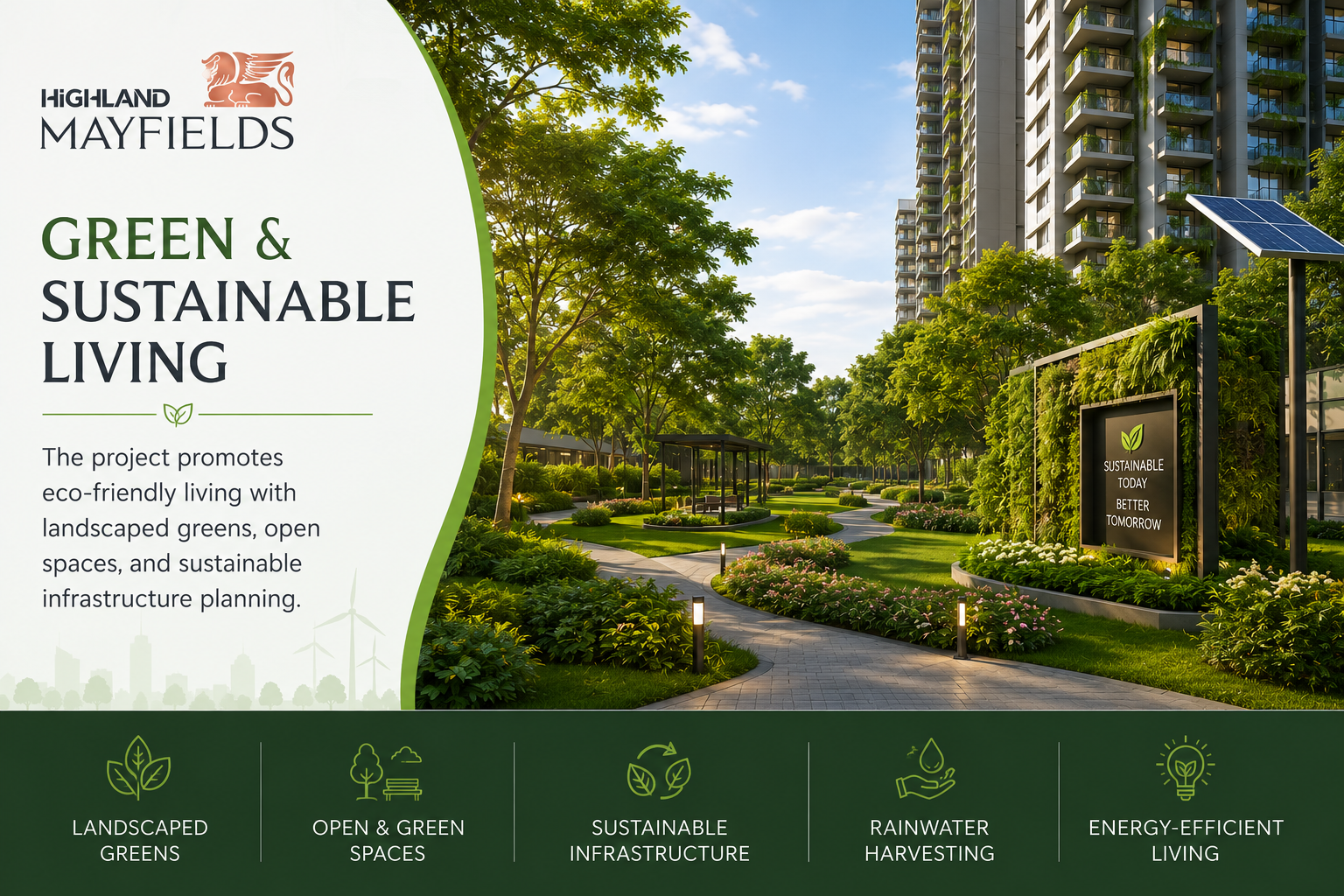 Promotional banner for Highland Mayfields with 'Green & Sustainable Living' beside a park and modern towers.