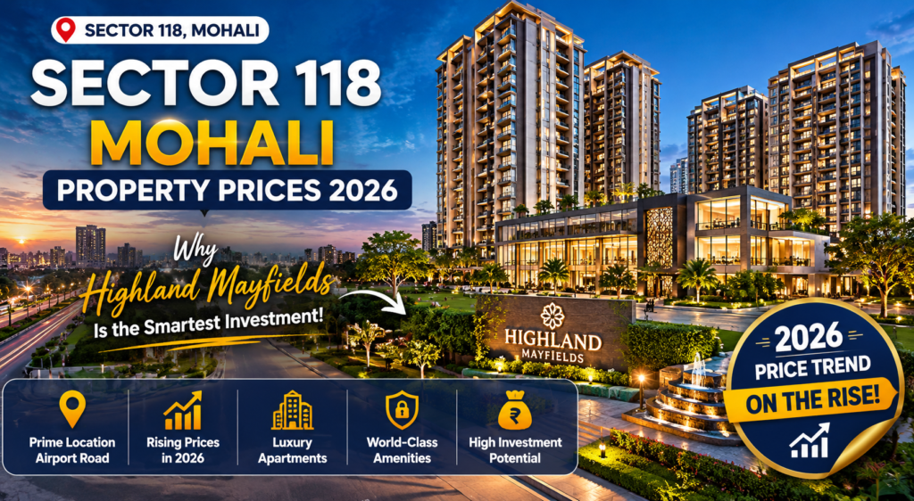 Sector 118 Mohali property prices 2026 featuring Highland Mayfields Mohali luxury apartments near Airport Road