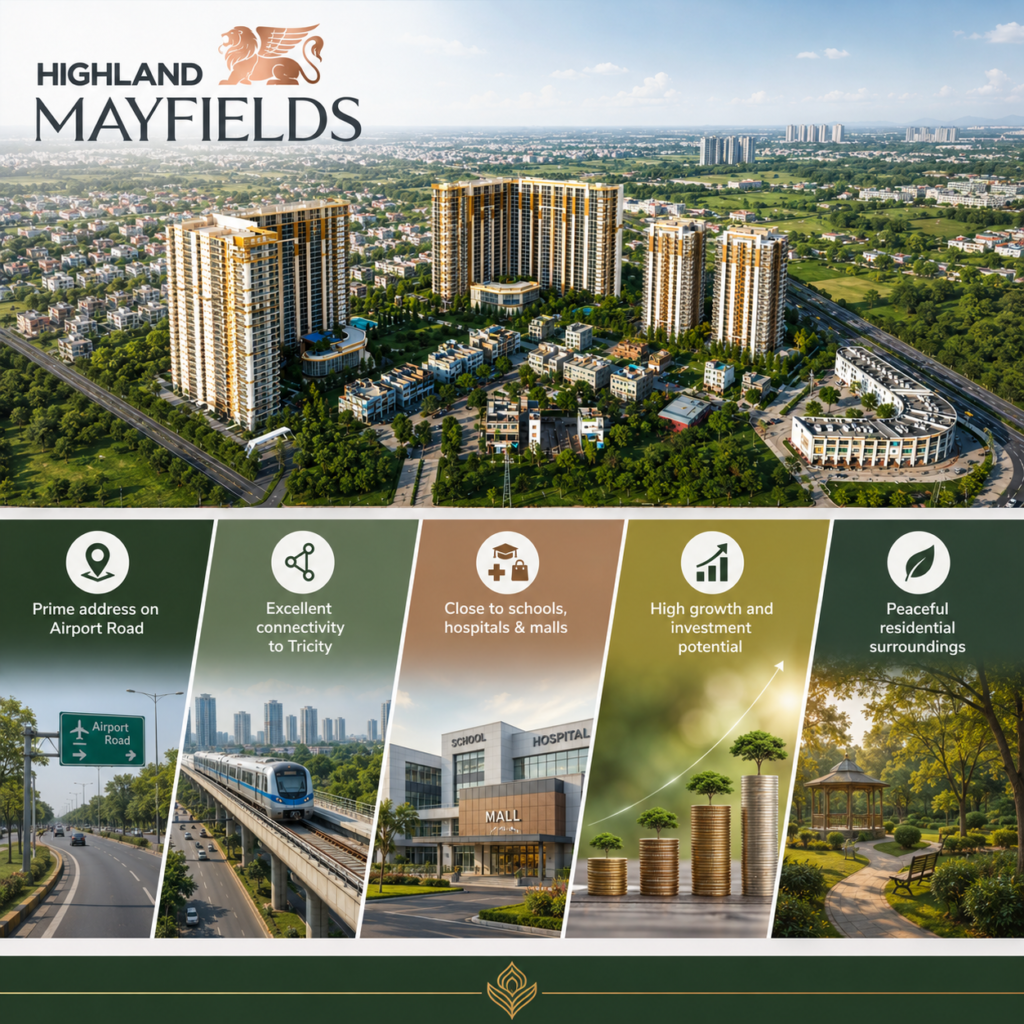 Aerial view of Highland Mayfields residential complex with tall buildings and surrounding green suburbs, highlighting a modern development.**Note: keep concise**