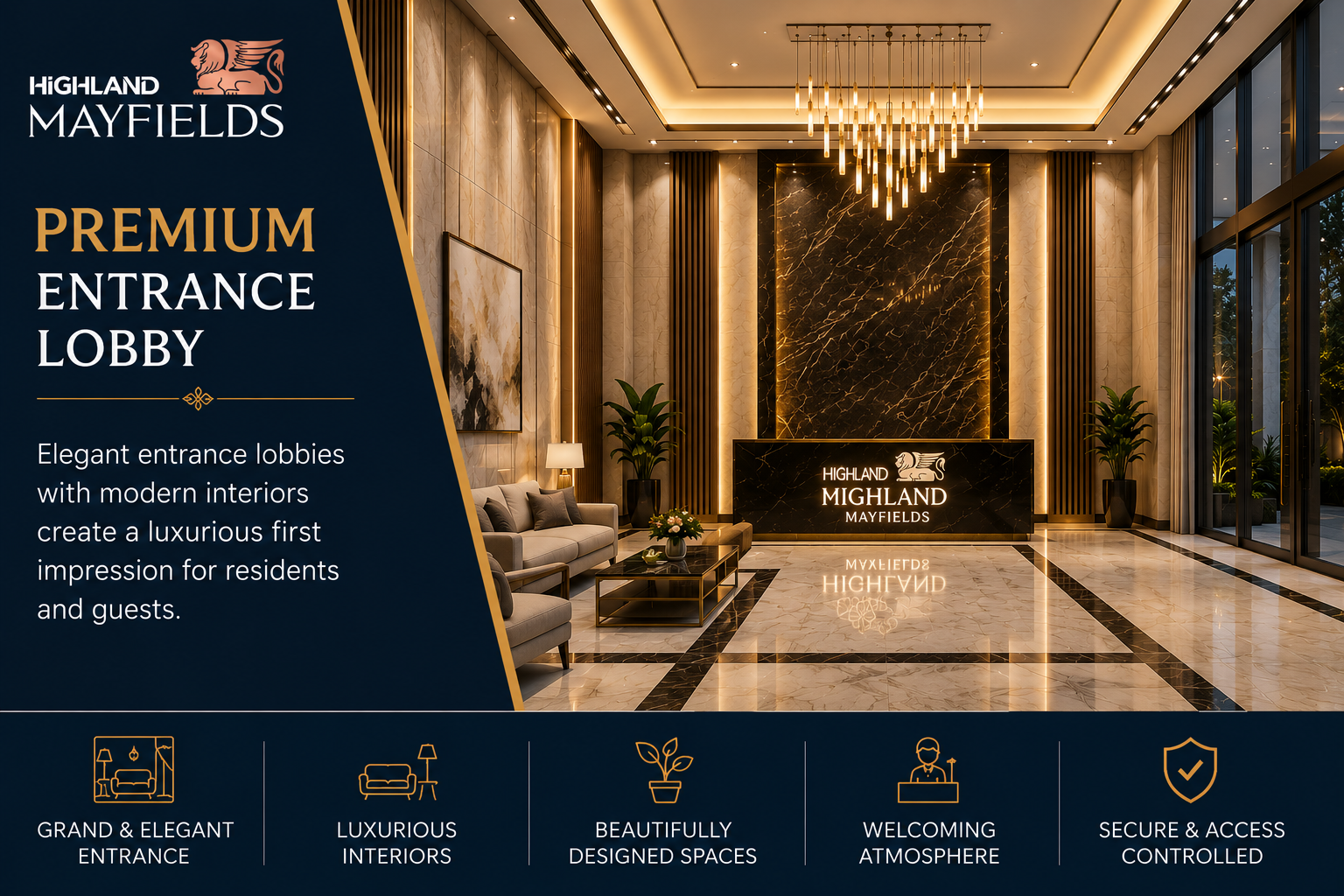 Luxurious hotel lobby with marble walls, chandelier, and a Highlands Mayfields reception desk on the right; dark blue banner reads Premium Entrance Lobby on the left.