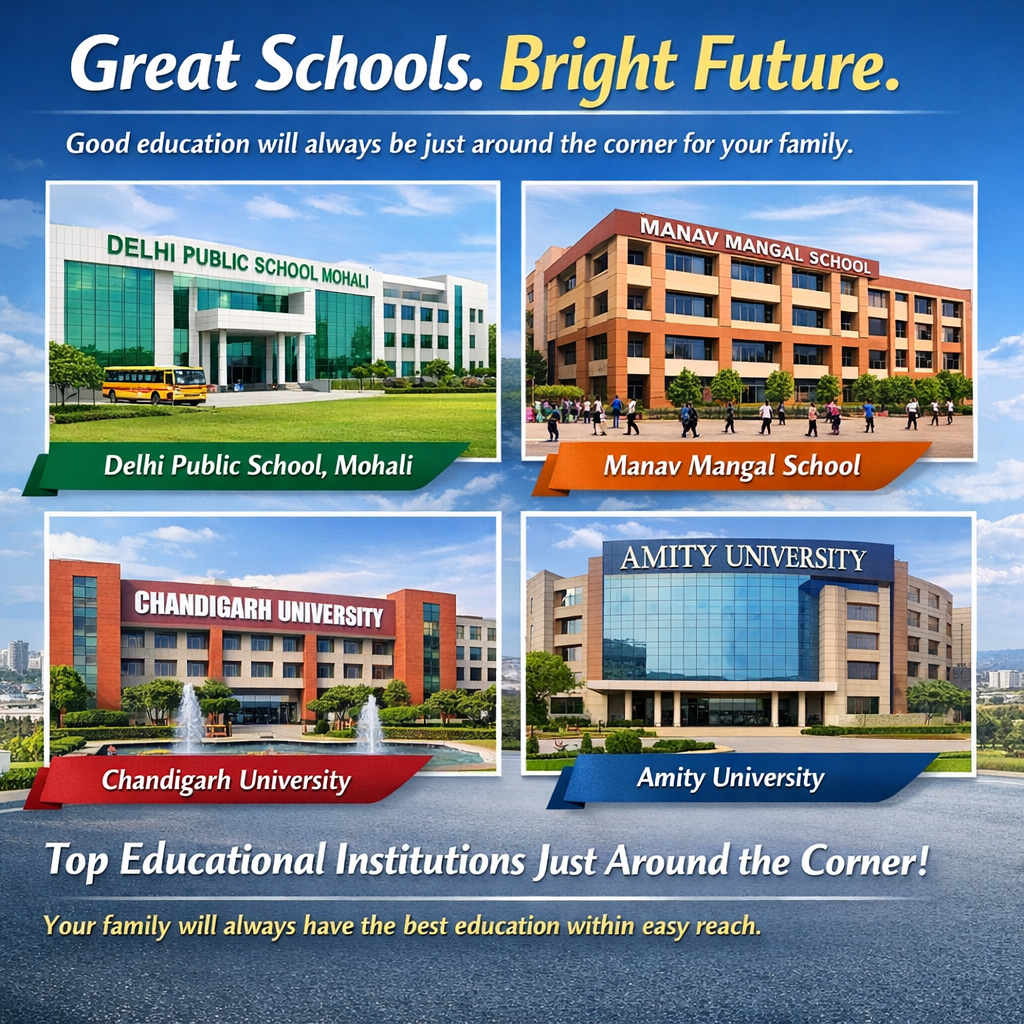 Poster showcasing four campuses—Delhi Public School Mohali, Manav Mangal School, Chandigarh University, and Amity University—with the headline 'Great Schools. Bright Future.'