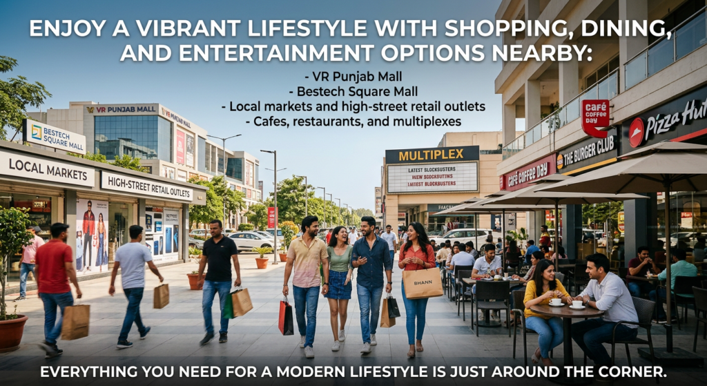 Shoppers walk along a mall promenade with shops and outdoor seating; a bold promotional banner above reads: 'ENJOY A VIBRANT LIFESTYLE WITH SHOPPING, DINING, AND ENTERTAINMENT OPTIONS NEARBY'.