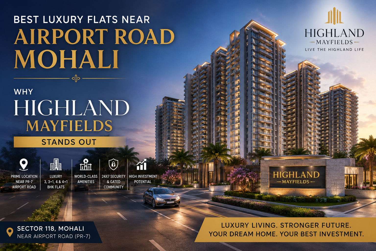Advertisement for Highland Mayfields luxury flats near Airport Road, Mohali; skyline of tall modern towers at dusk.