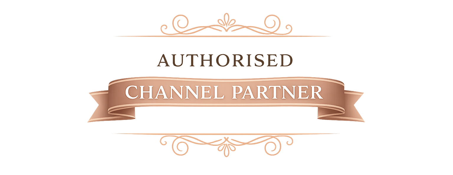 AUTHORISED CHANNEL PARTNER badge with a decorative peach ribbon on a soft gradient background